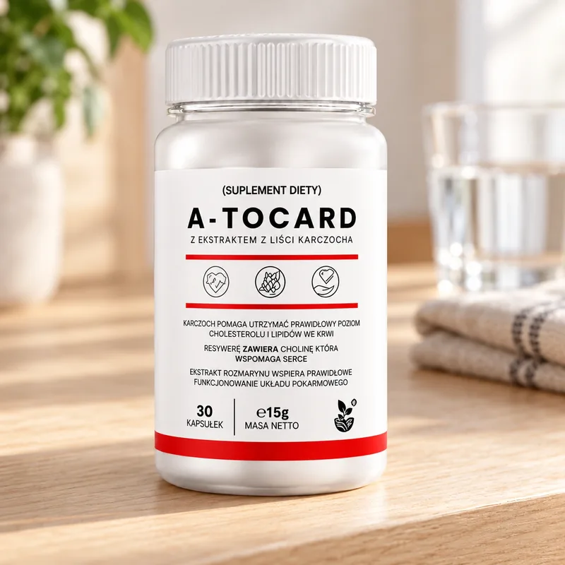 A-Tocard – słoik kapsułek obok szklanki wody