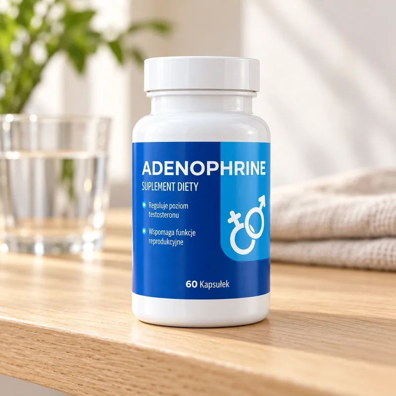 Adenophrine – słoik kapsułek obok szklanki wody