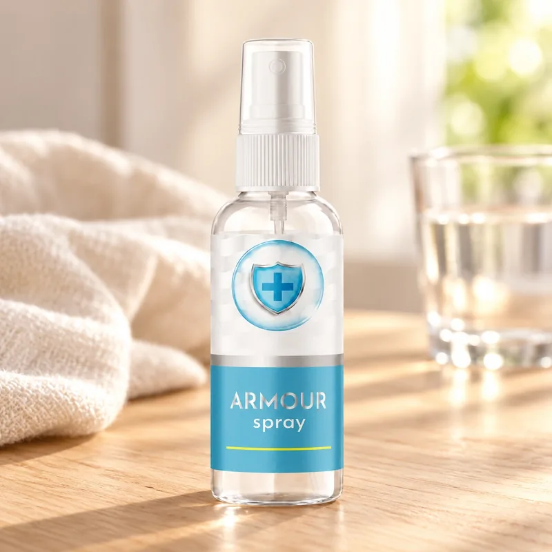 Armour Spray – butelka na stole w łazience
