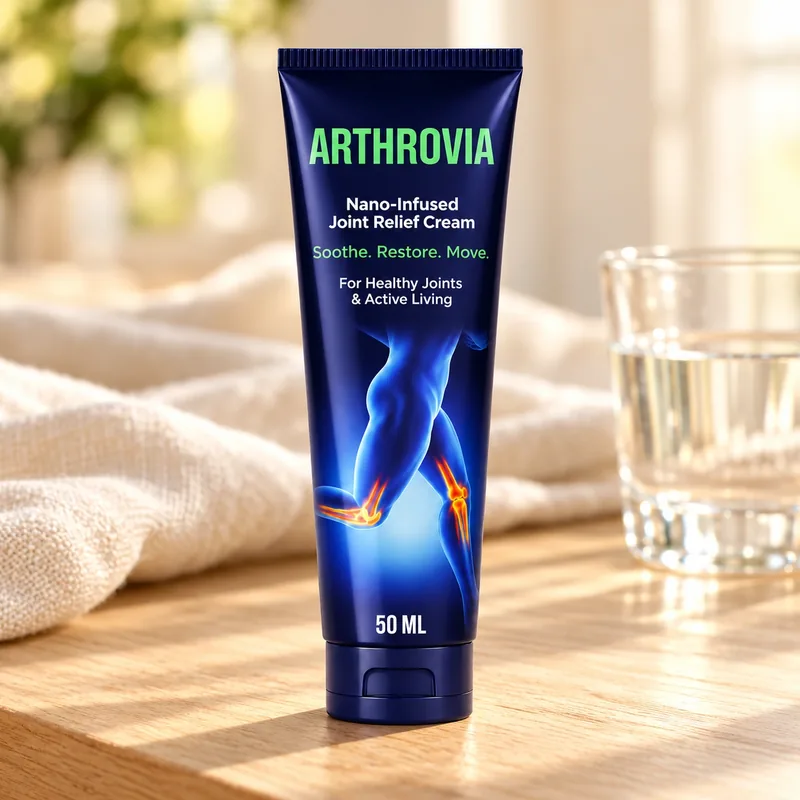 Arthrovia – tuba kremu na stole obok szklanki wody