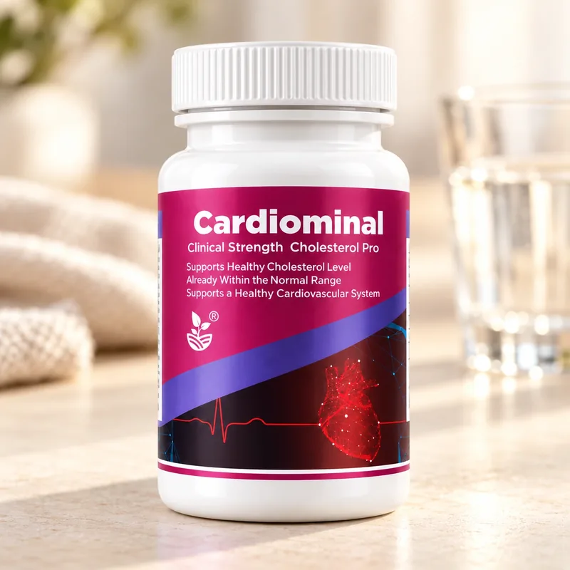 Cardiominal – słoiczek na jasnym blacie obok szklanki wody