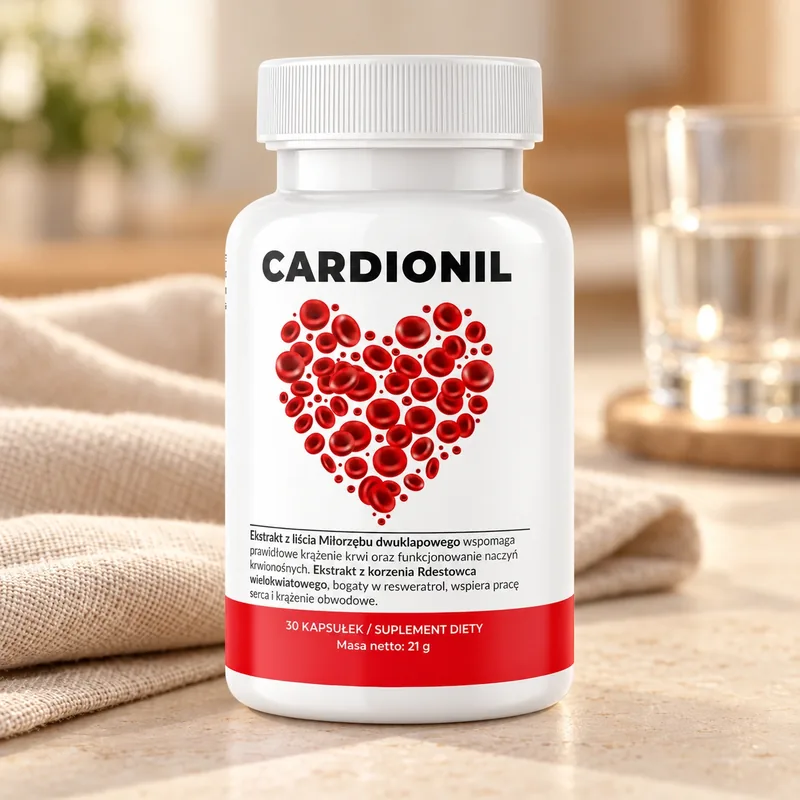 Cardionil – słoiczek na blacie obok lnianej ściereczki i szklanki wody