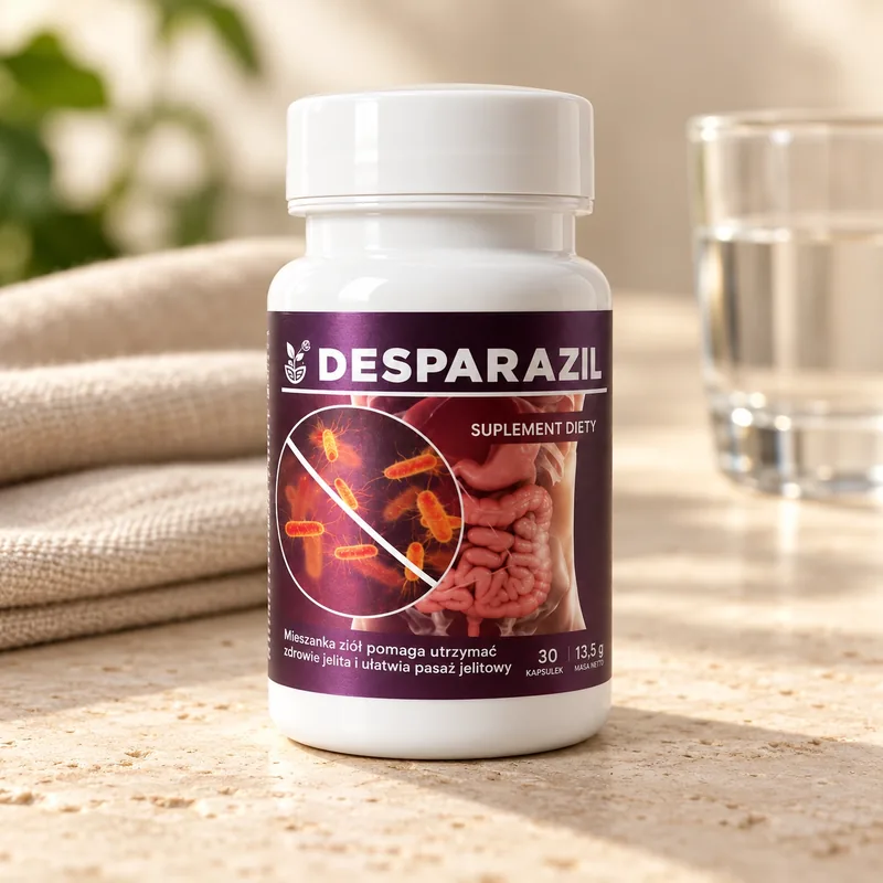Desparazil – opakowanie na blacie obok szklanki wody