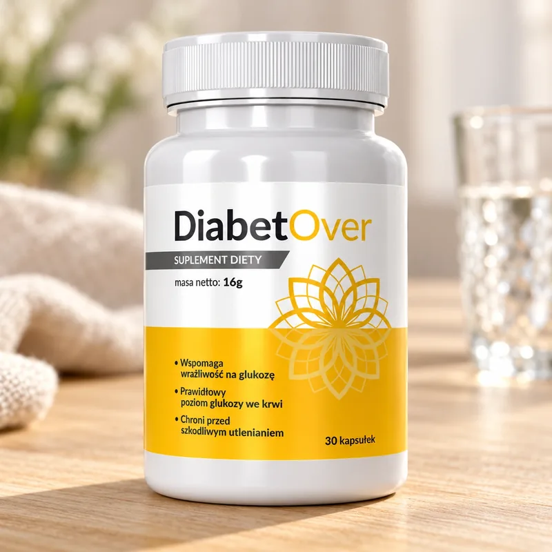 DiabetOver – słoik kapsułek obok szklanki wody