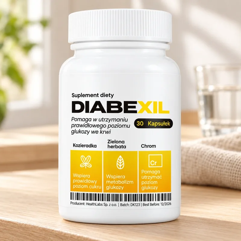 Diabexil – słoik kapsułek na stole obok szklanki wody
