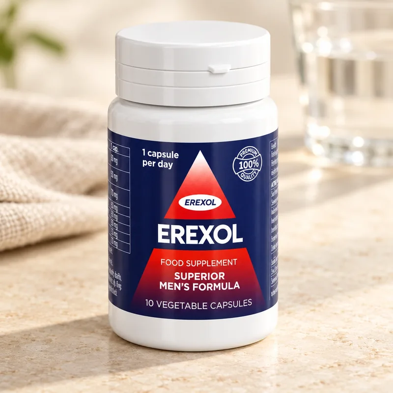 Erexol – słoik kapsułek obok szklanki wody