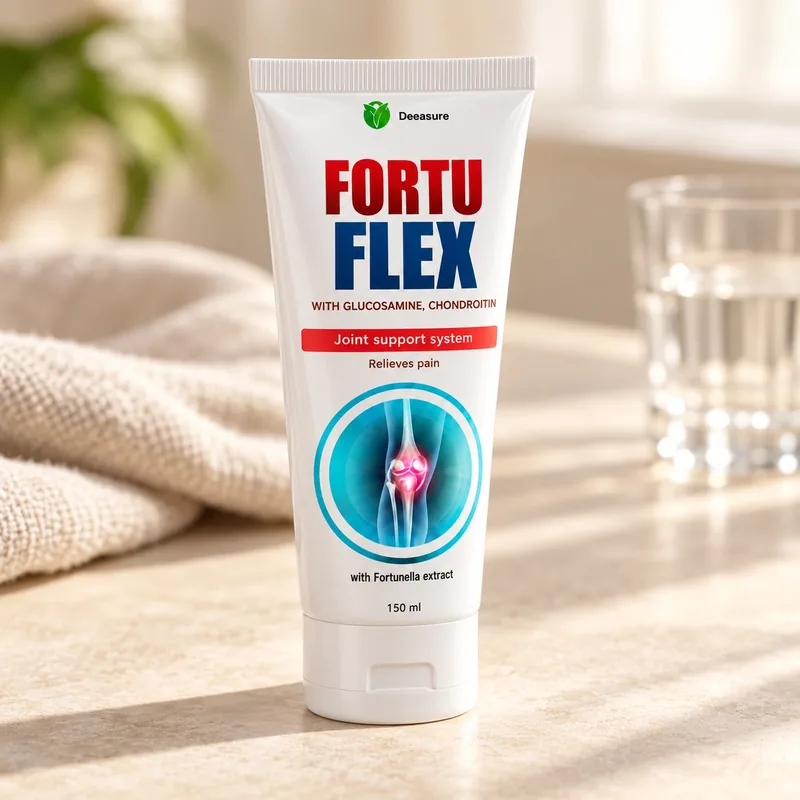 Fortuflex – tuba kremu na ręczniku obok szklanki wody