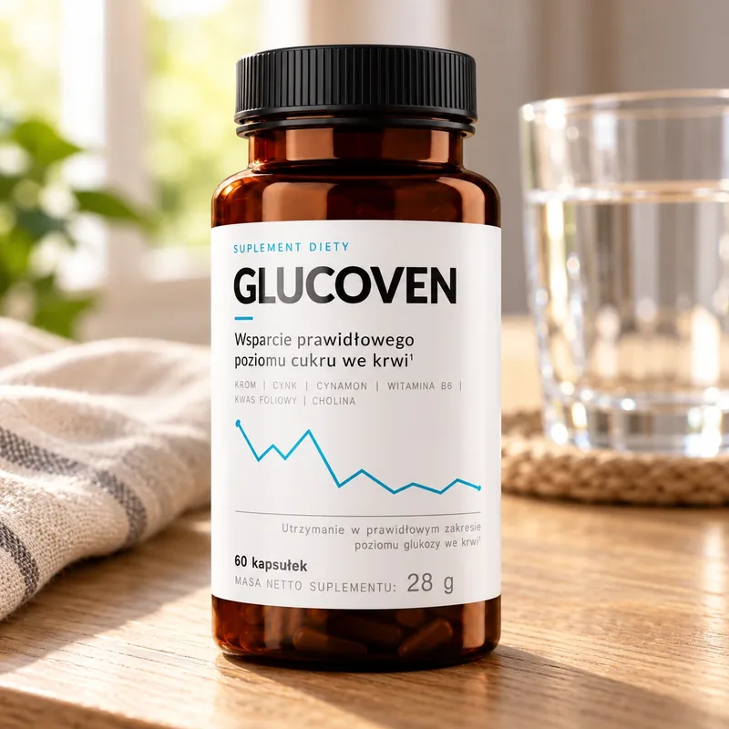 Glucoven – słoik kapsułek na stole obok szklanki wody
