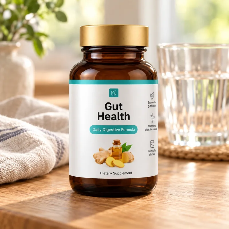 Gut Health – słoik kapsułek na stole przy oknie