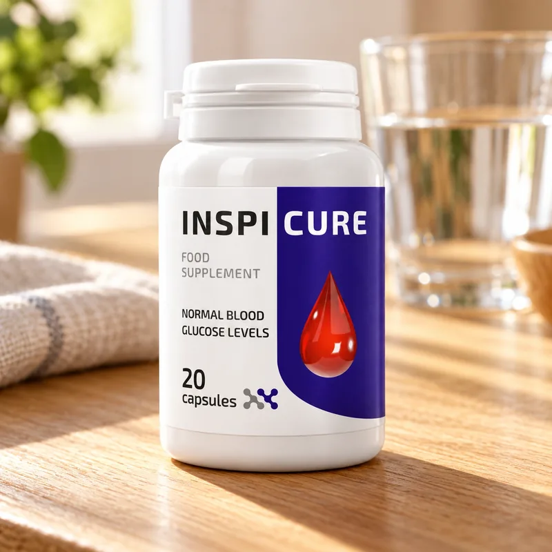 Inspicure – słoik kapsułek obok szklanki wody
