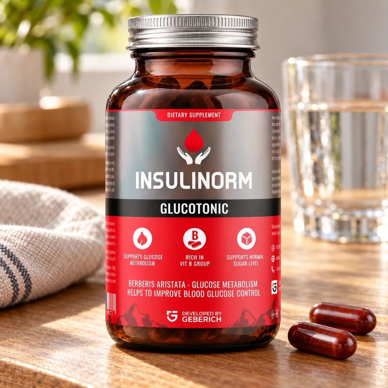 Insulinorm – słoik i kapsułki na drewnianym stole