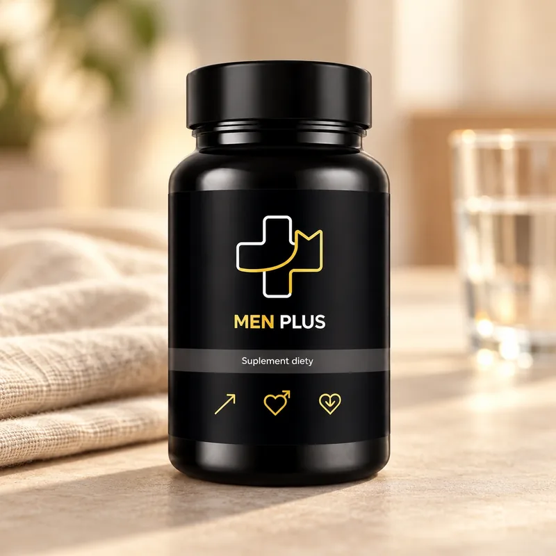 Men Plus – słoik kapsułek obok szklanki wody