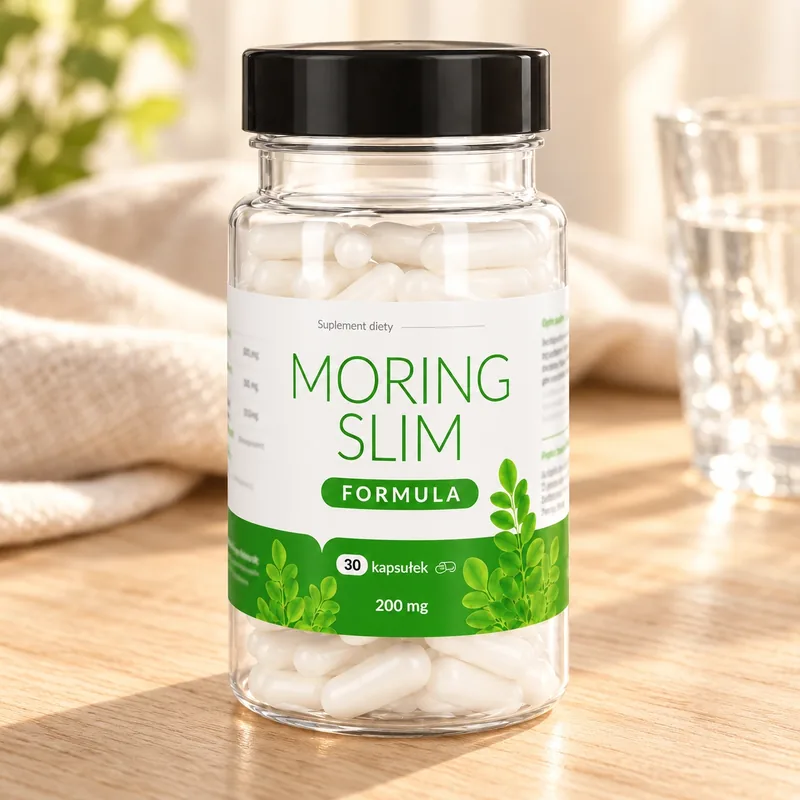 Moring Slim – słoik kapsułek obok szklanki wody