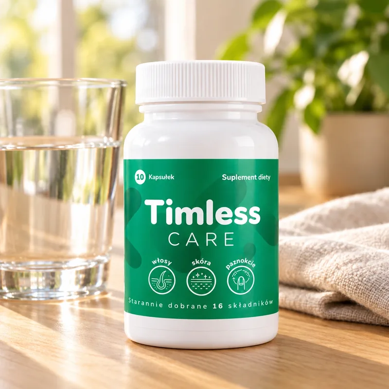 Timless Care – słoik kapsułek obok szklanki wody