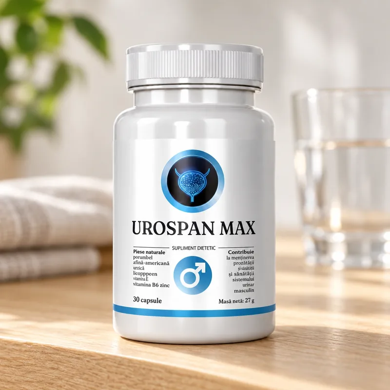 Urospan Max – słoik kapsułek obok szklanki wody