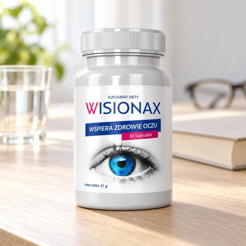 Wisionax – słoik kapsułek obok okularów